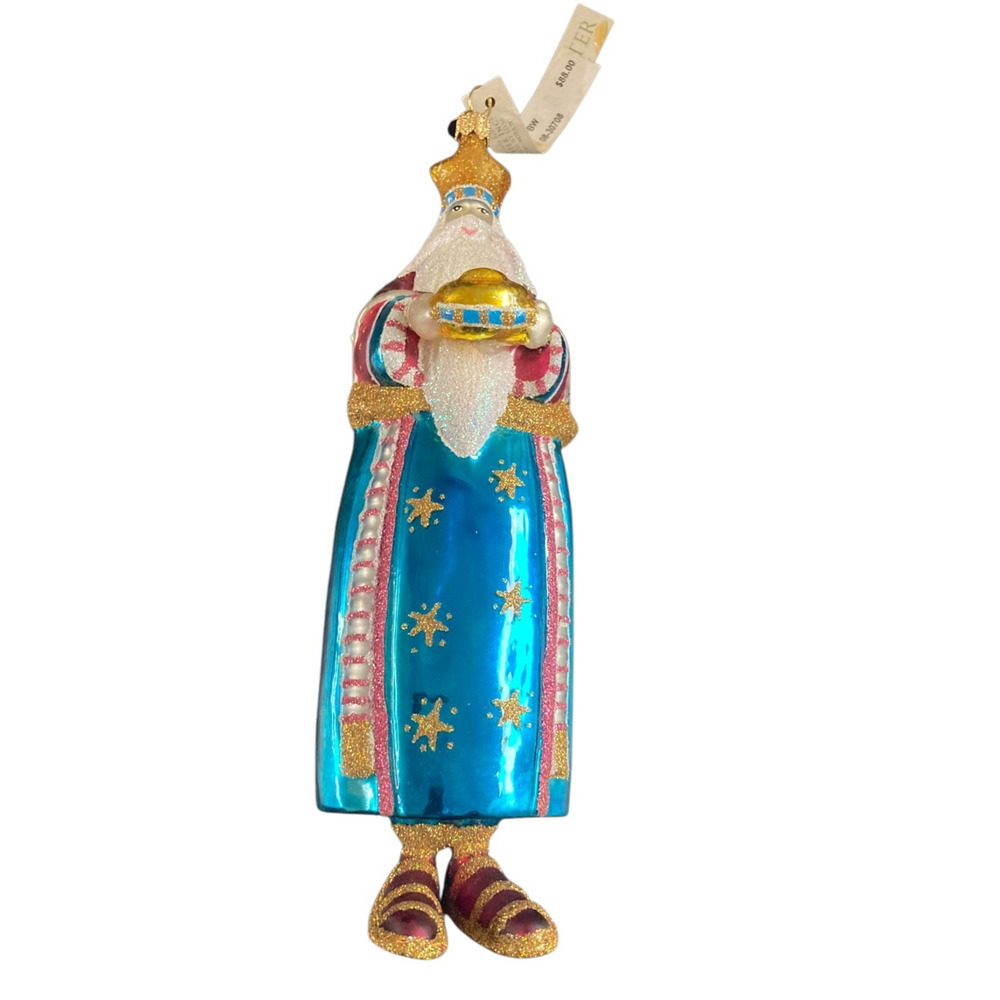 Patience Brewster NEW Wise Man Magi Blown Glass Ornament Blue Stars Gold Poland